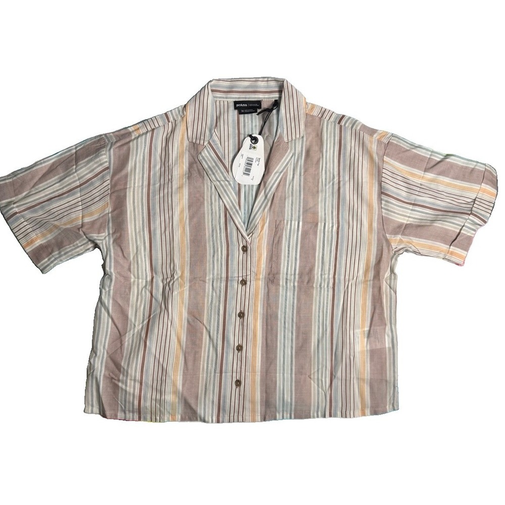 Prana Iguala Top Womens Clay Stripe Relaxed Fit Button Up Cropped SS Medium NWT